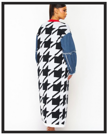 Nona Houndstooth Denim Sleeve Cardigan